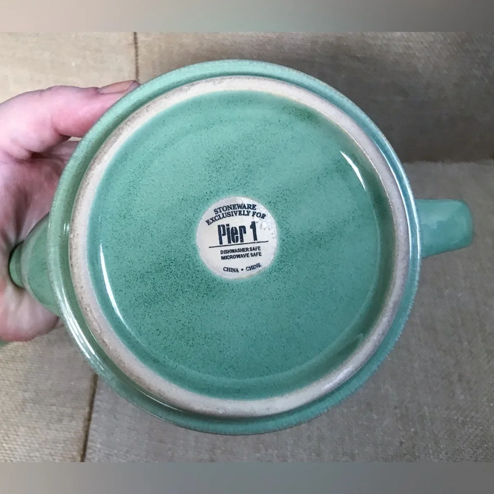 Pier 1 Light Green Embossed Stackable Teapot Coffee Mug Cottage Core Coastal